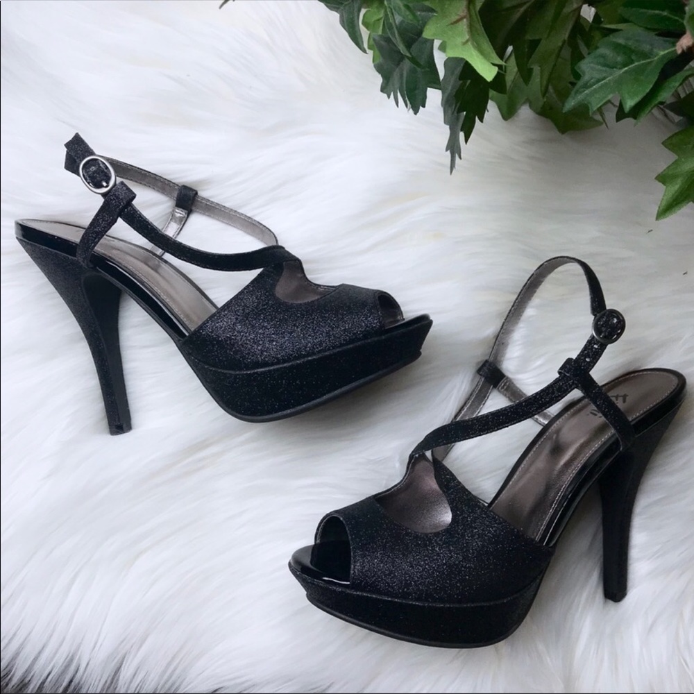 Fioni Black Glittery Peep Toe Ankle Strap Heels